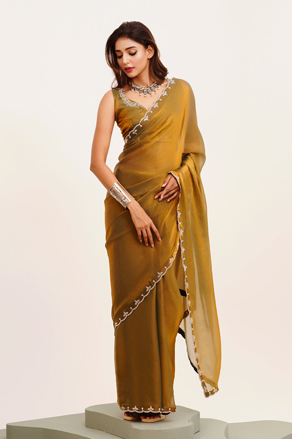 Brown Satin Saree Beads And Stones With Blouse