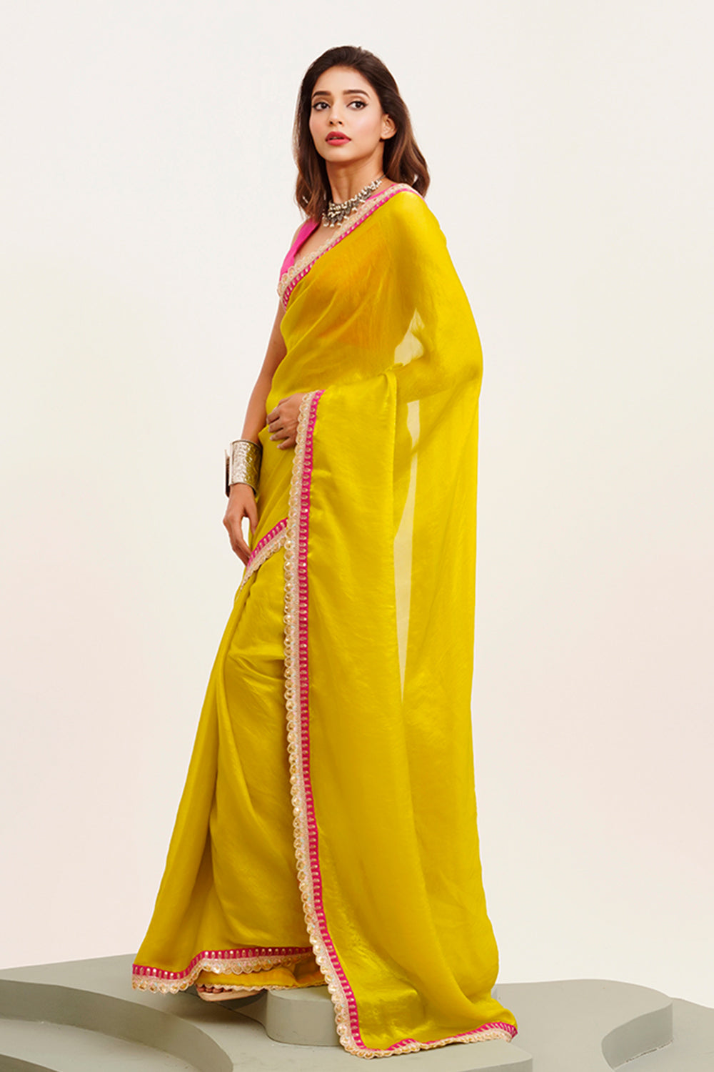 Yellow Satin Saree Beads And Stones With Blouse