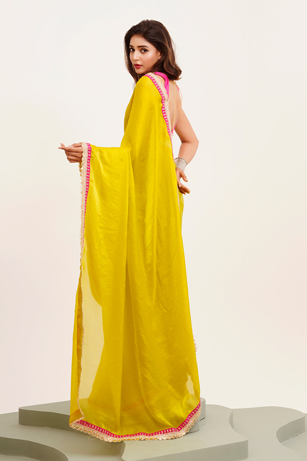 Yellow Satin Saree Beads And Stones With Blouse
