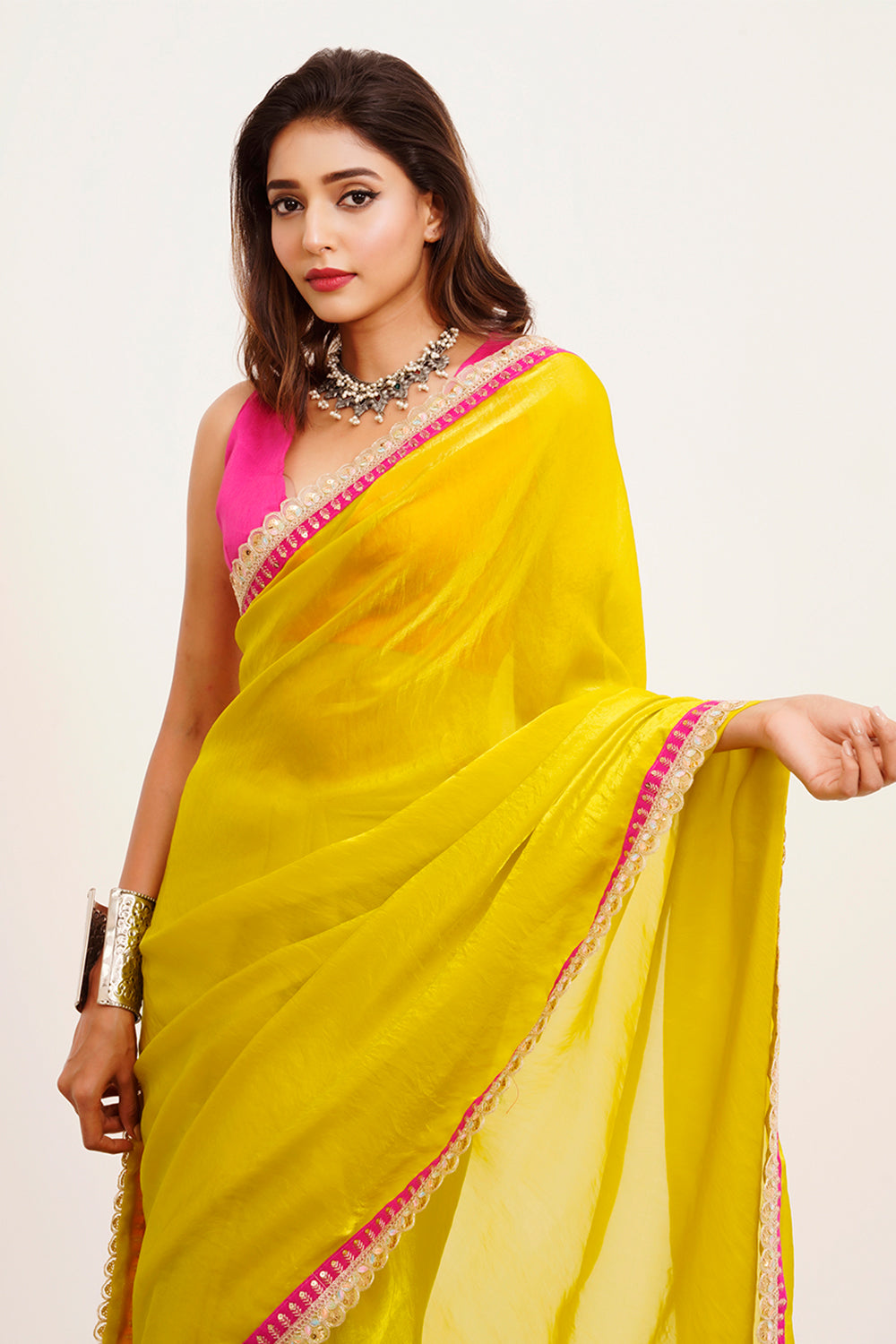Yellow Satin Saree Beads And Stones With Blouse