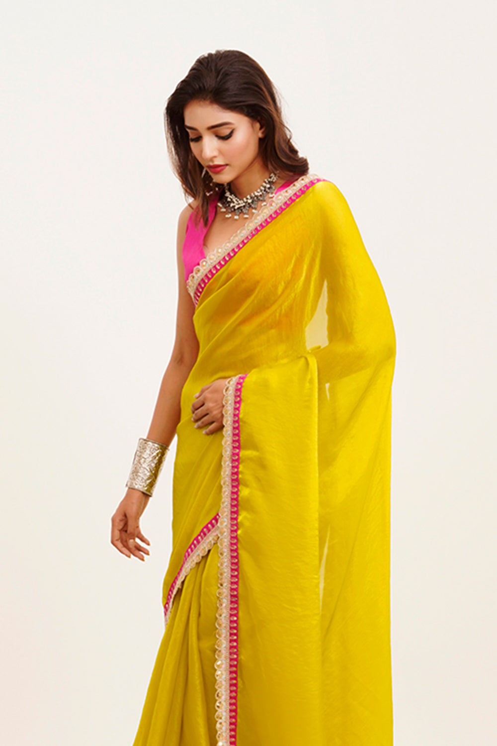 Yellow Satin Saree Beads And Stones With Blouse