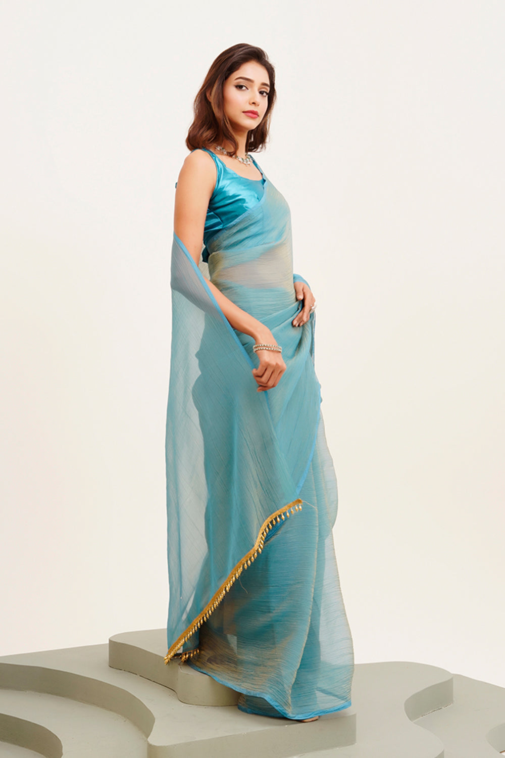 Turquoise Blue Solid Satin Saree With Blouse