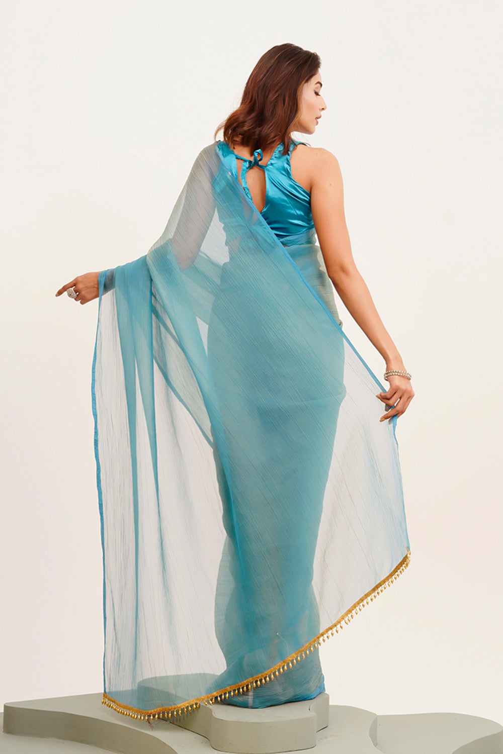 Turquoise Blue Solid Satin Saree With Blouse