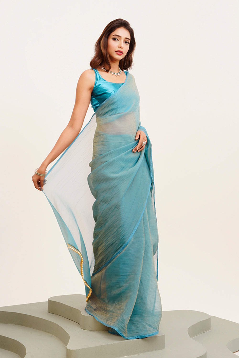 Turquoise Blue Solid Satin Saree With Blouse