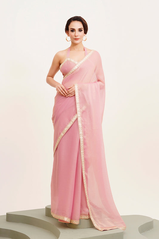Pink Sequinned Chiffon Saree With Blouse