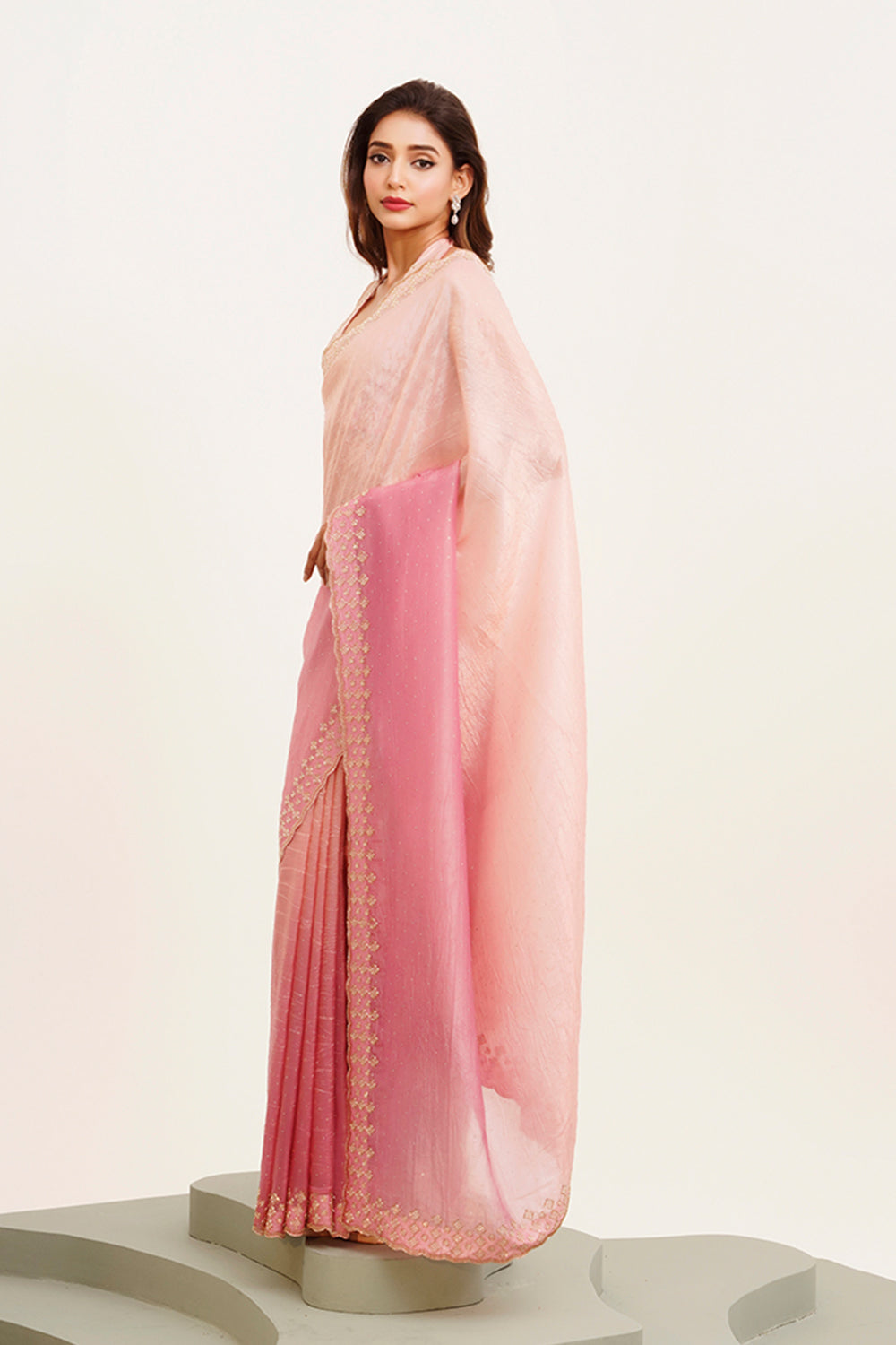 Pink Beads And Stones Tissue Saree With Blouse