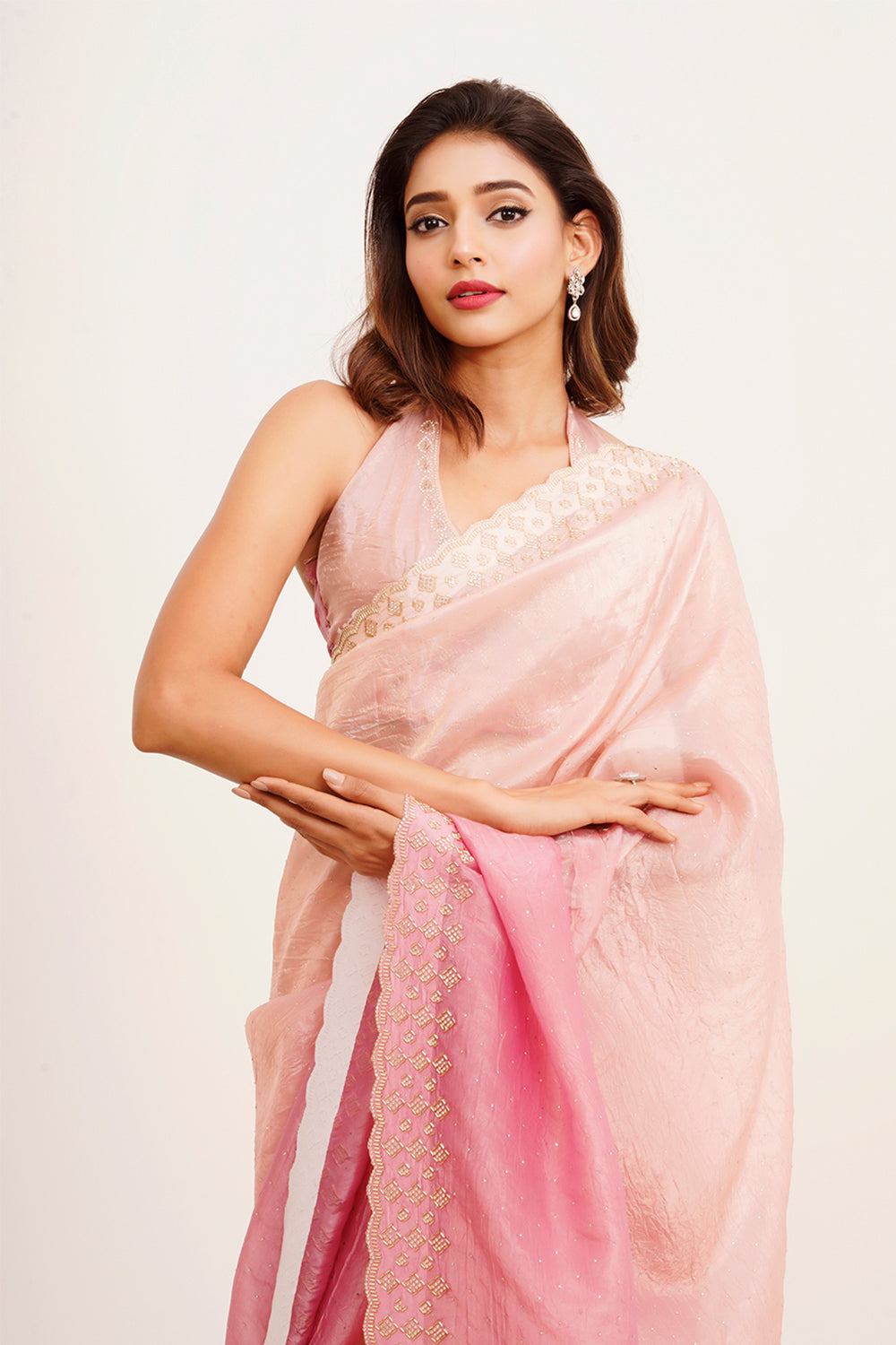 Pink Beads And Stones Tissue Saree With Blouse
