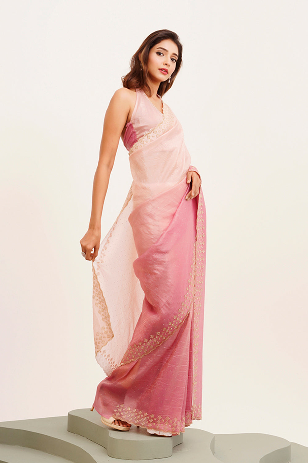 Pink Beads And Stones Tissue Saree With Blouse