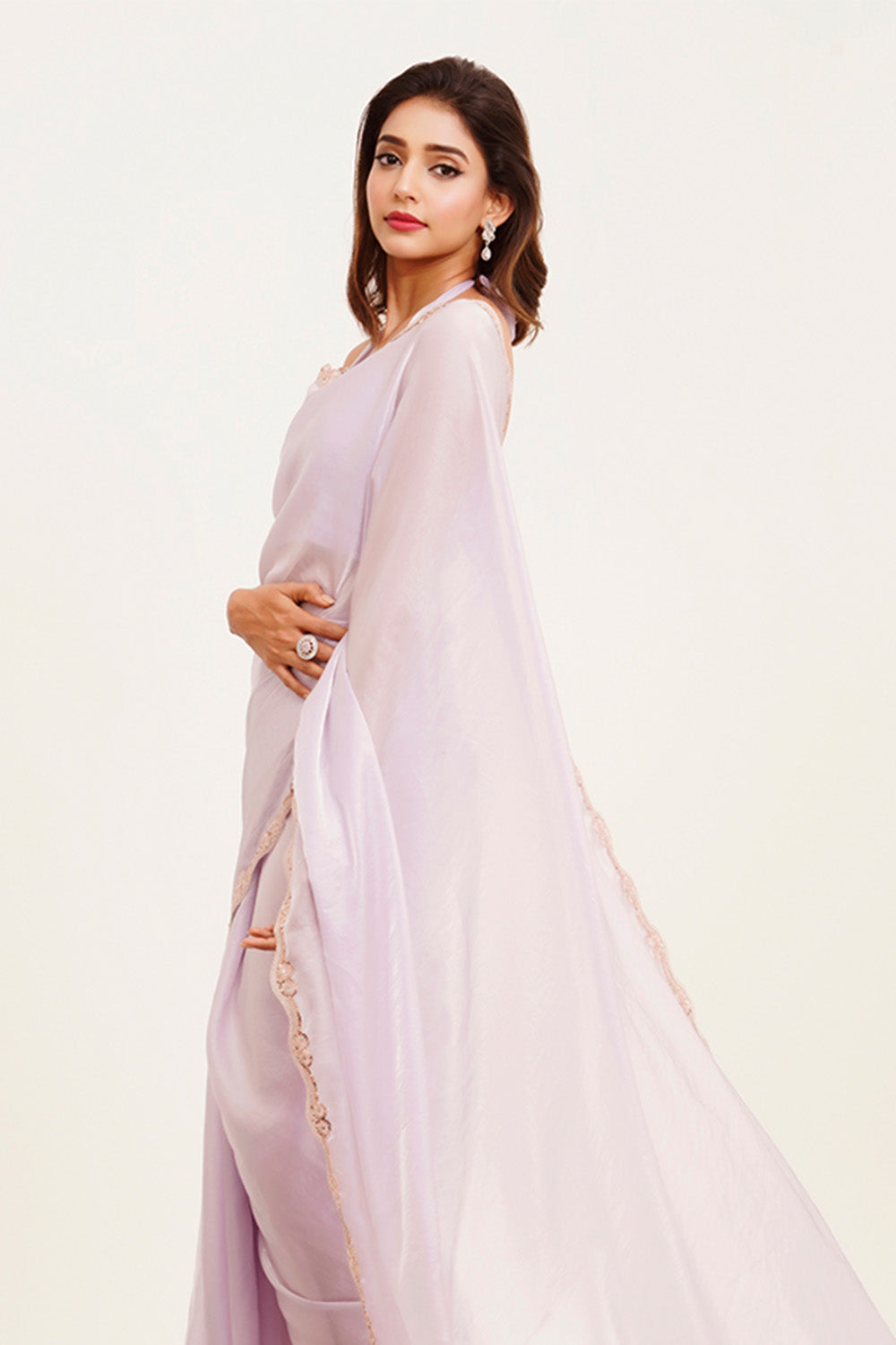 Lavender Sequinned Tissue Saree With Blouse