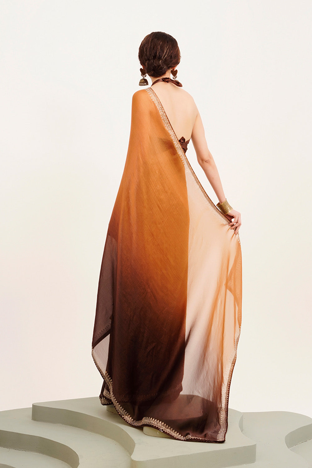 Brown Beads And Stones Chiffon Saree With Blouse