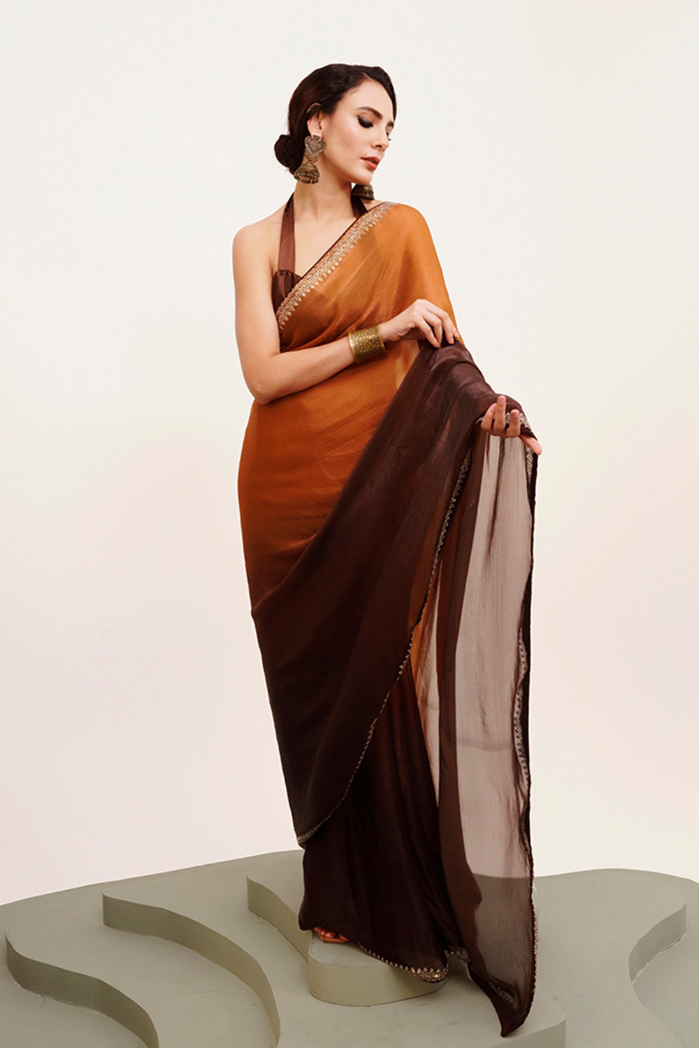 Brown Beads And Stones Chiffon Saree With Blouse