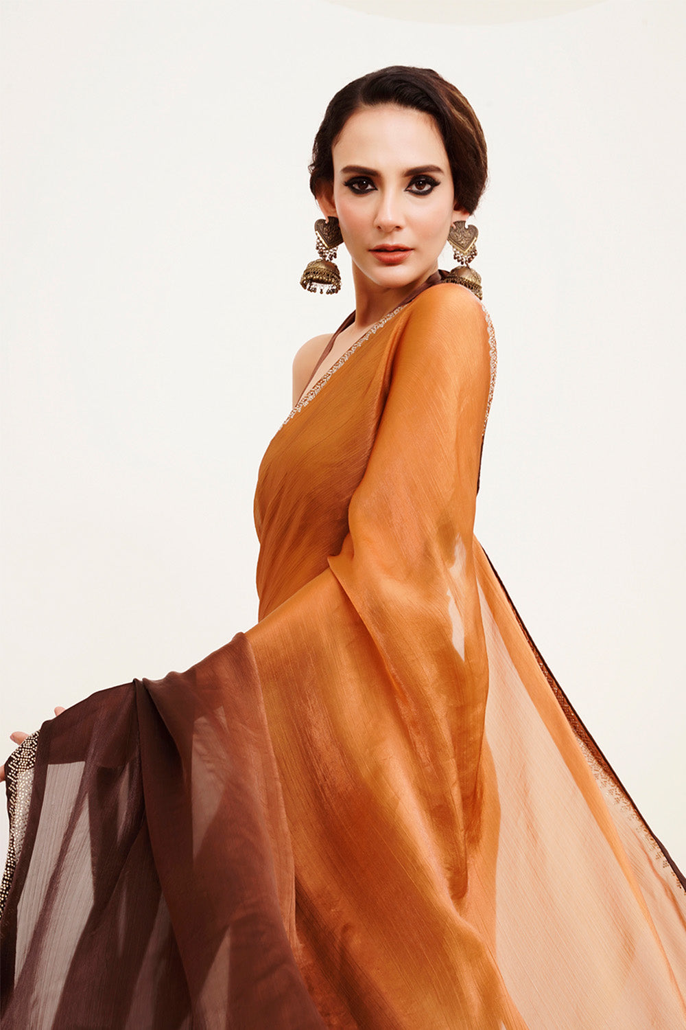 Brown Beads And Stones Chiffon Saree With Blouse