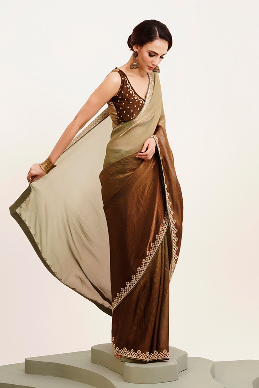 Green Beads And Stones Satin Saree With Blouse