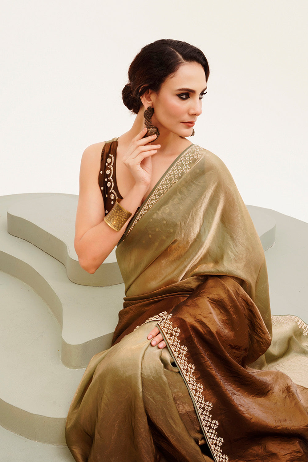 Green Beads And Stones Satin Saree With Blouse