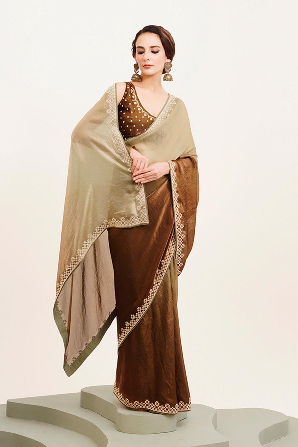Green Beads And Stones Satin Saree With Blouse