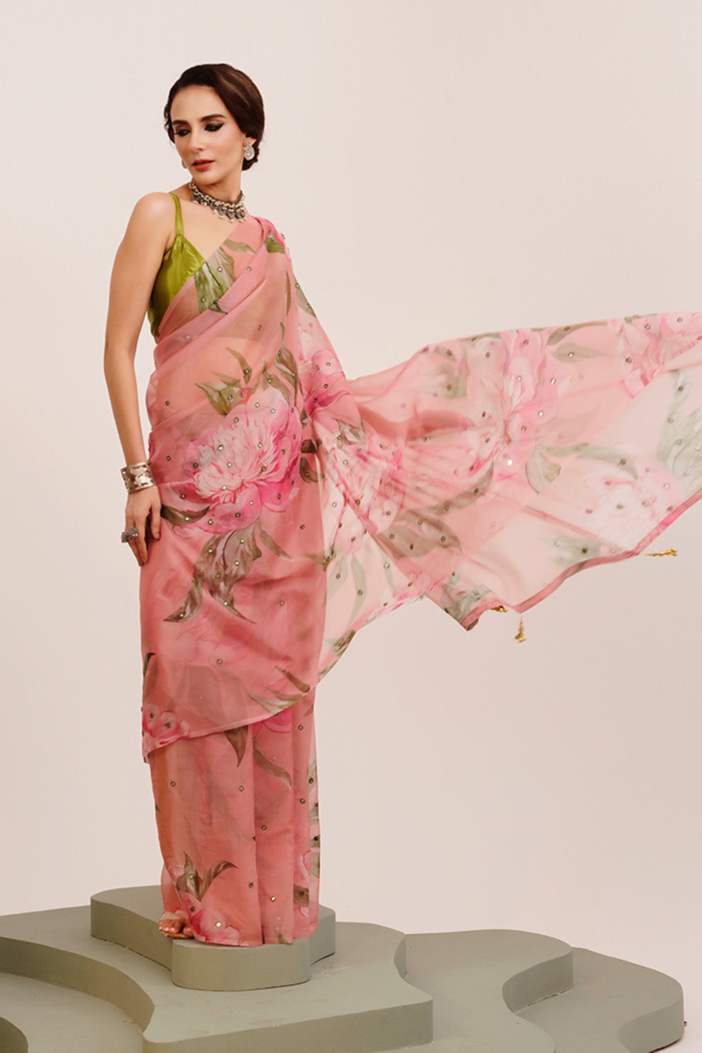 Pink Mirrorwork Floral Organza Saree With Blouse