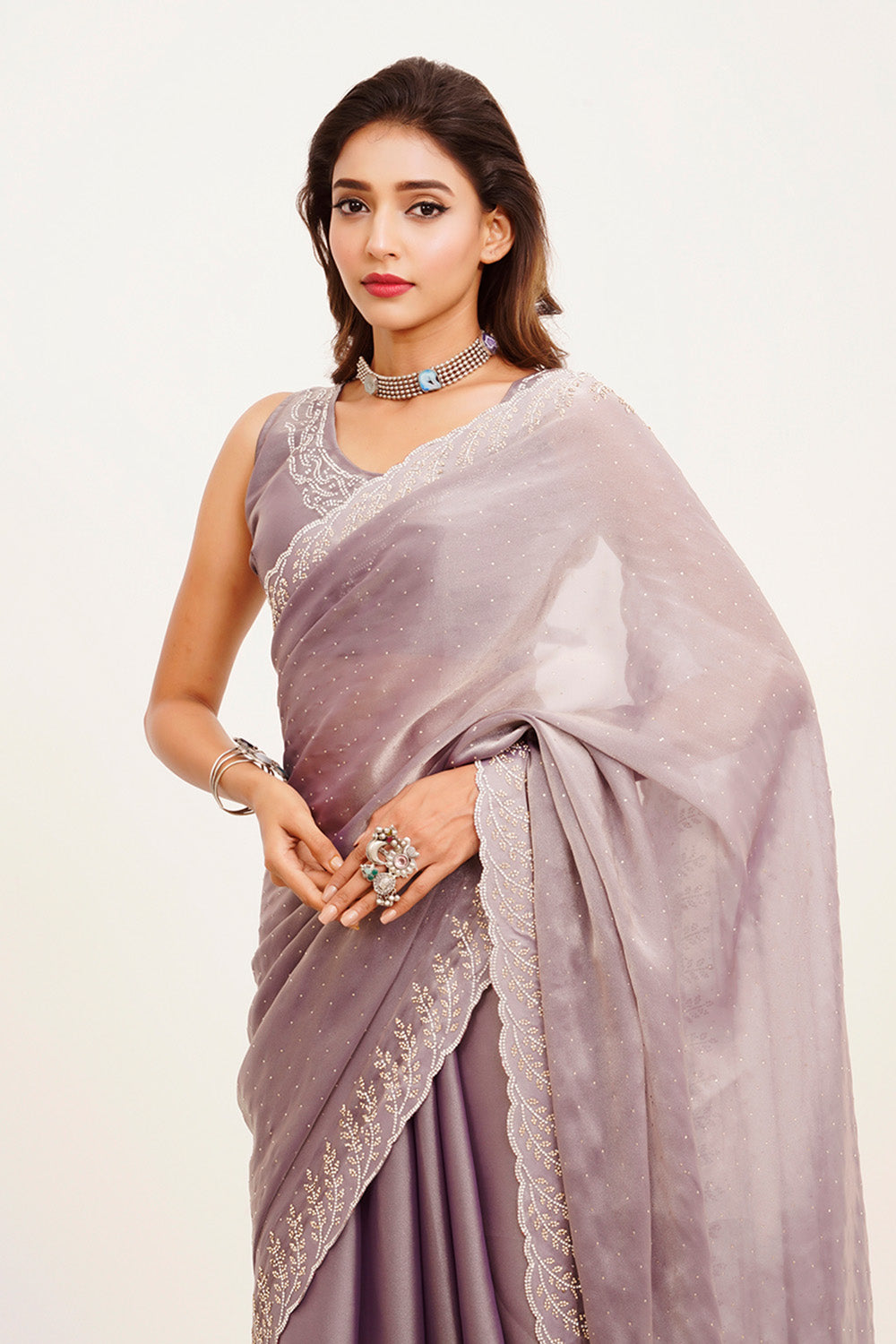 Lavender Beads And Stones Satin Saree With Blouse