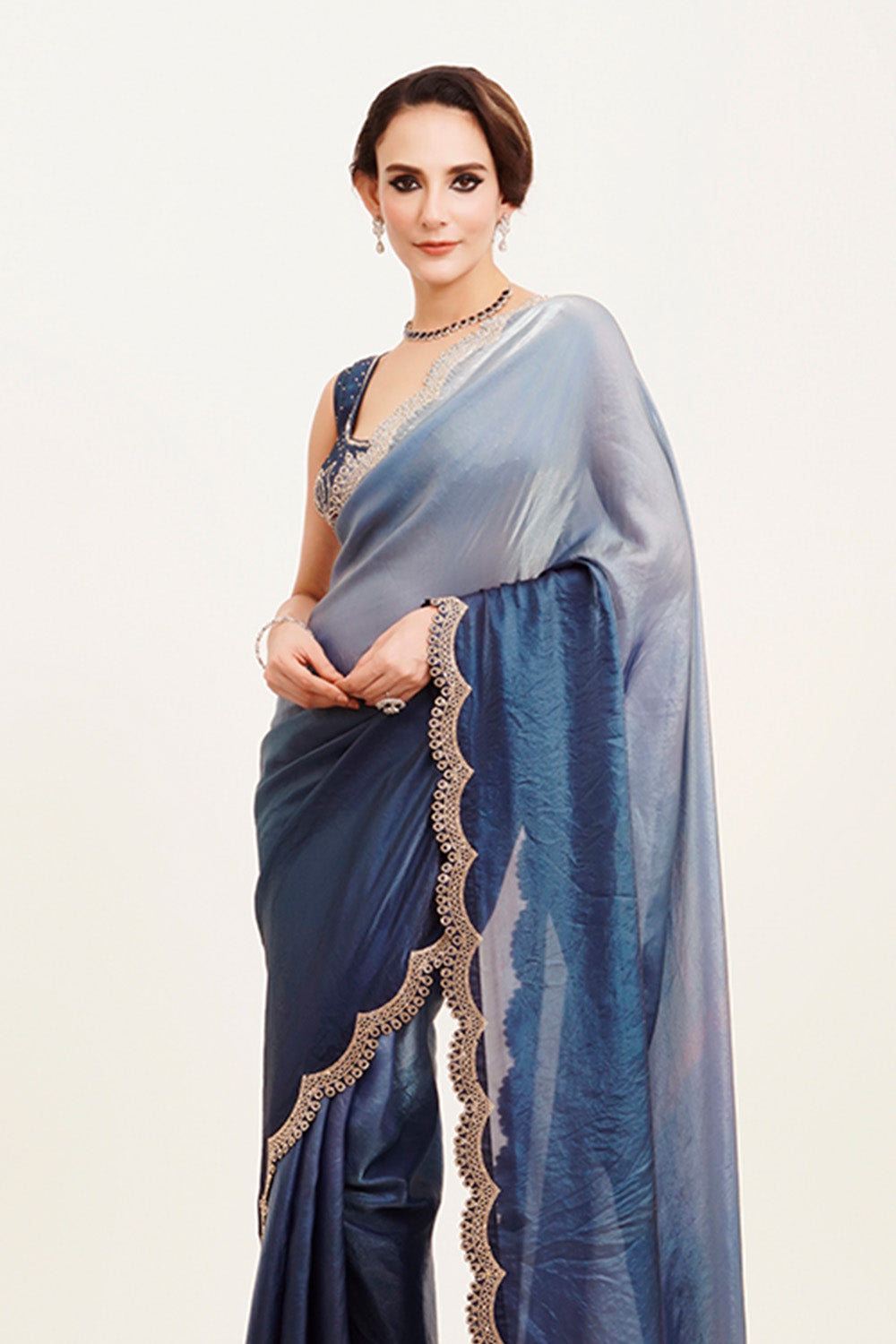 Blue Beads And Stones Satin Saree With Blouse