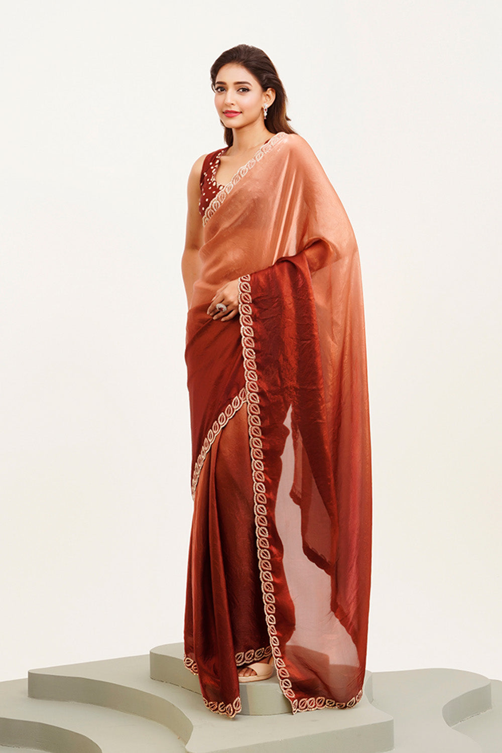 Rust Beads And Stones Satin Saree With Blouse