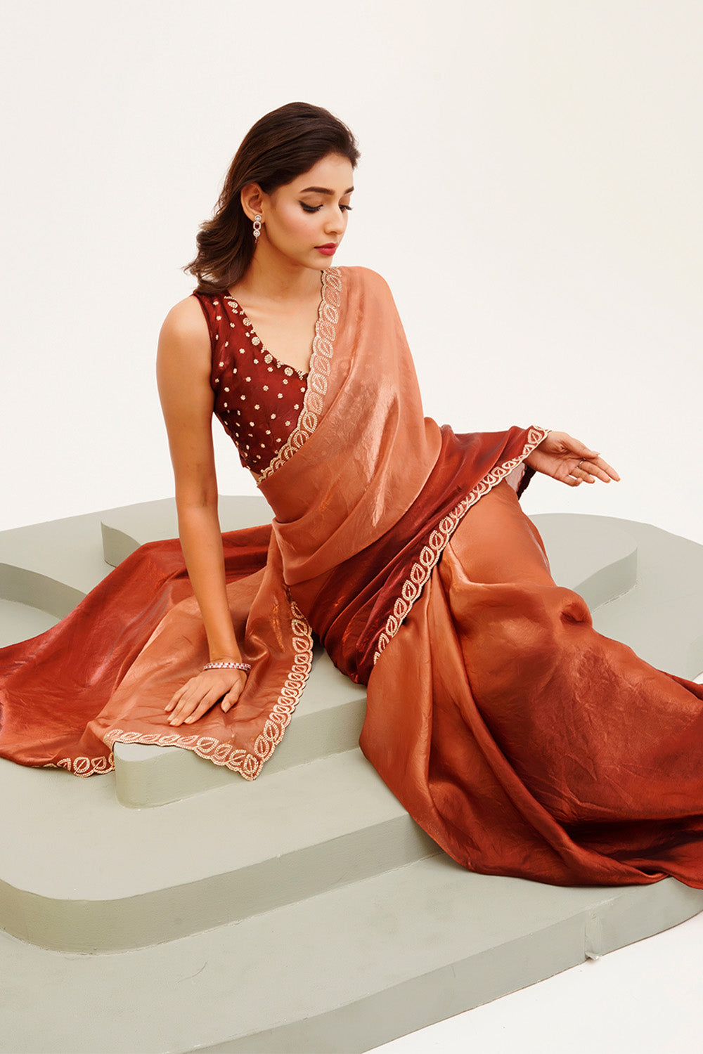 Rust Beads And Stones Satin Saree With Blouse