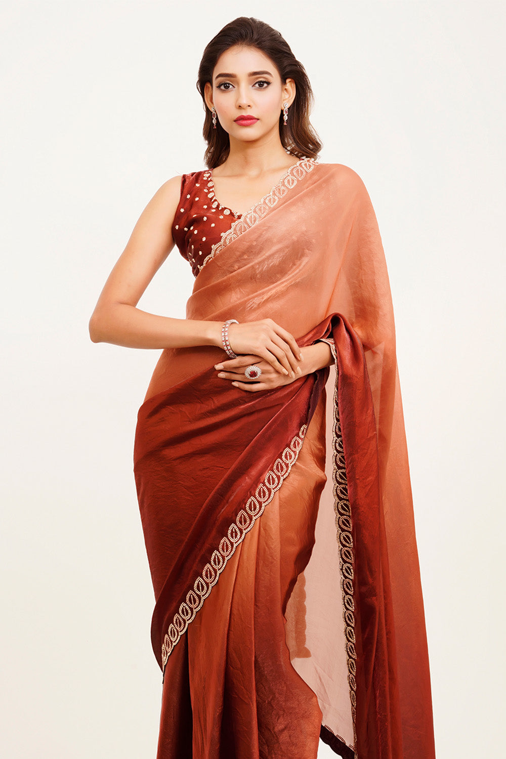Rust Beads And Stones Satin Saree With Blouse