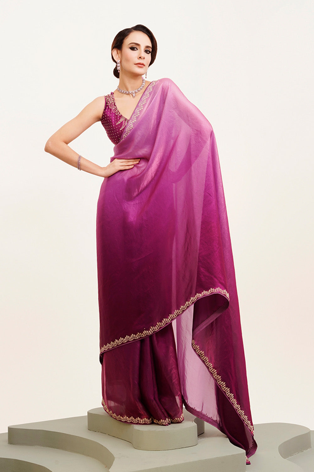 Purple Beads And Stones Satin Saree With Blouse