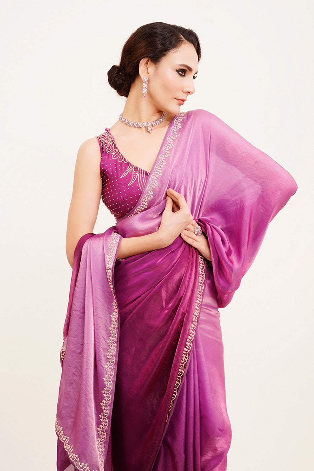 Purple Beads And Stones Satin Saree With Blouse