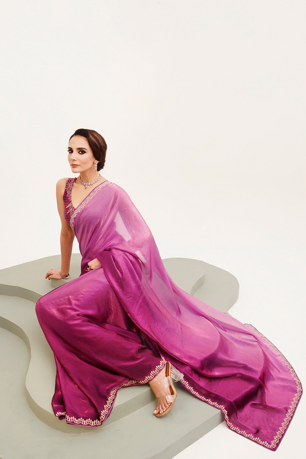 Purple Beads And Stones Satin Saree With Blouse
