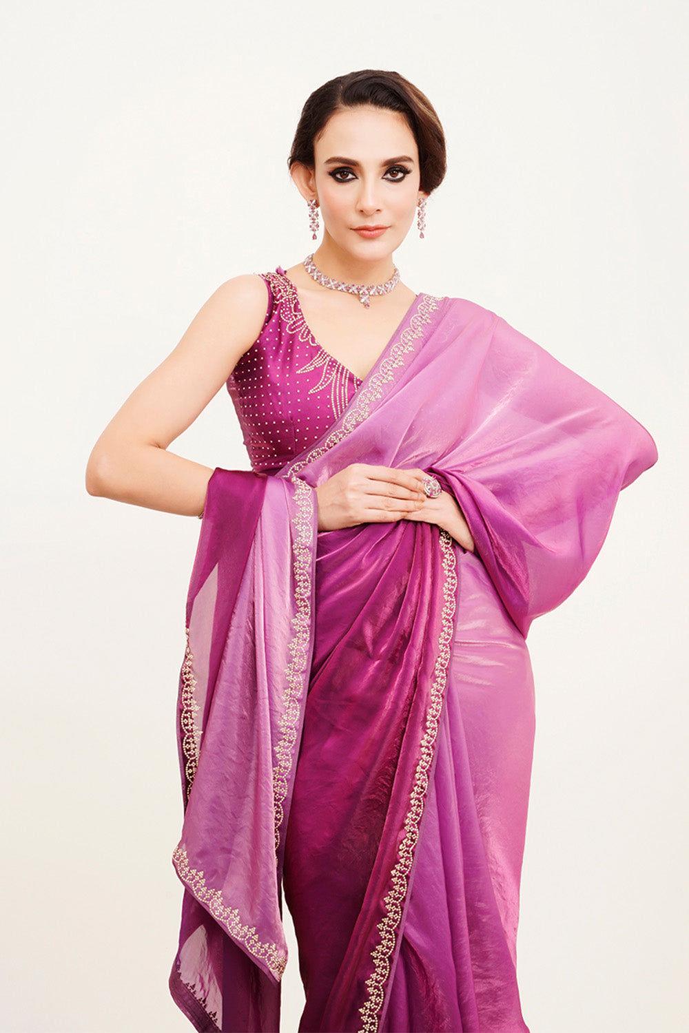 Purple Beads And Stones Satin Saree With Blouse