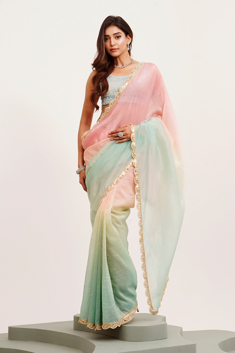Pink Multicolor Sequinned Tissue Saree With Blouse