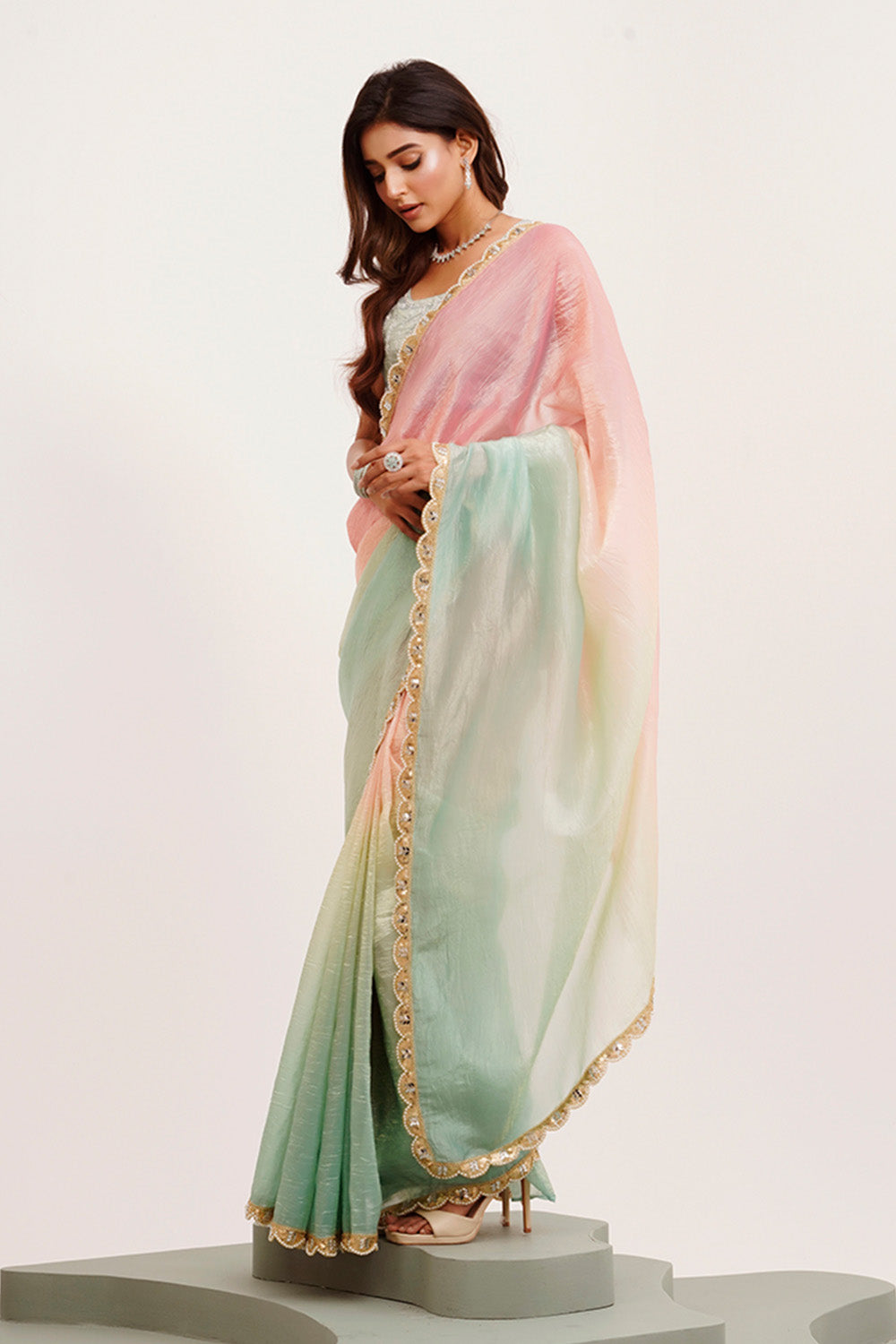 Pink Multicolor Sequinned Tissue Saree With Blouse