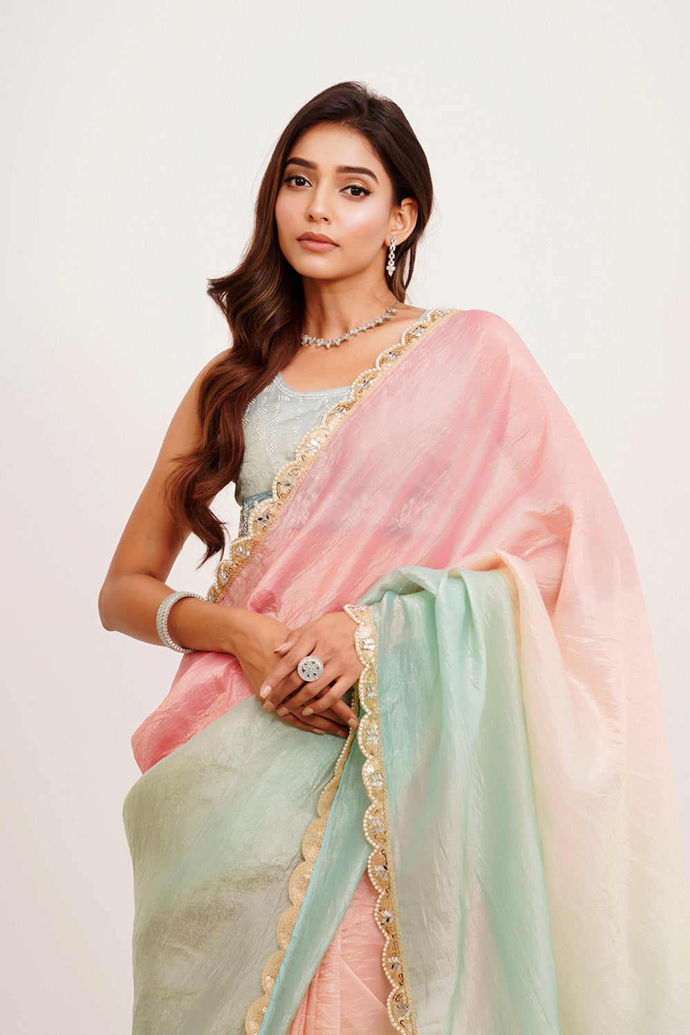 Pink Multicolor Sequinned Tissue Saree With Blouse