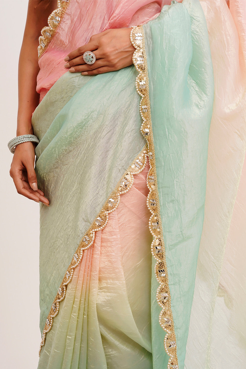 Pink Multicolor Sequinned Tissue Saree With Blouse