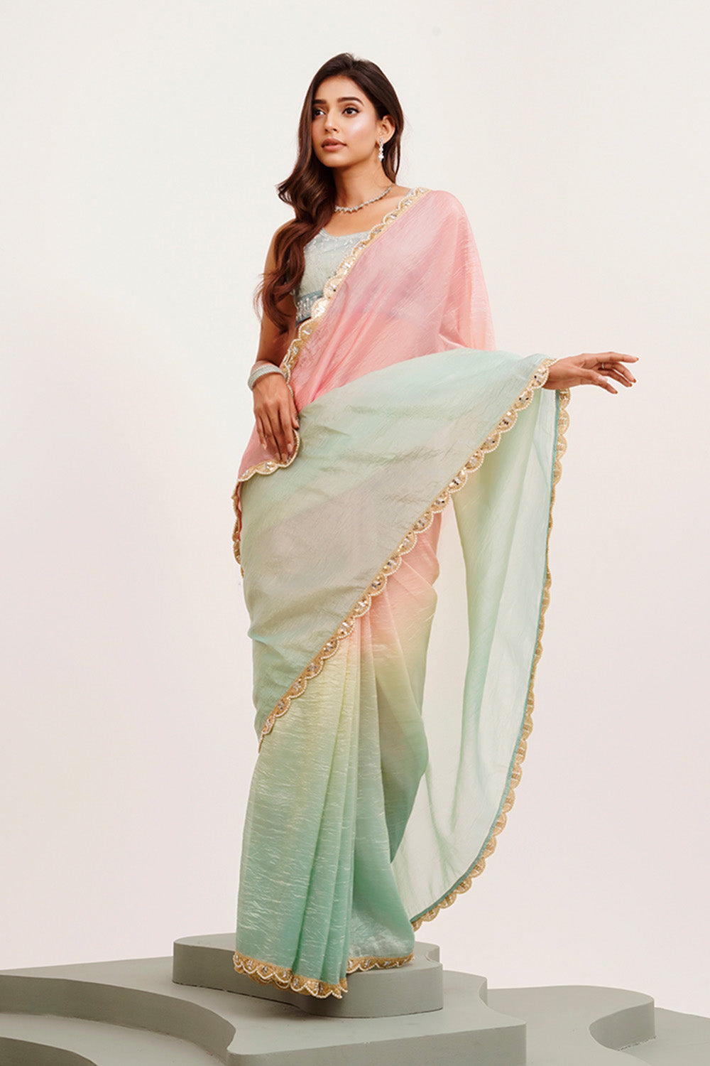 Pink Multicolor Sequinned Tissue Saree With Blouse
