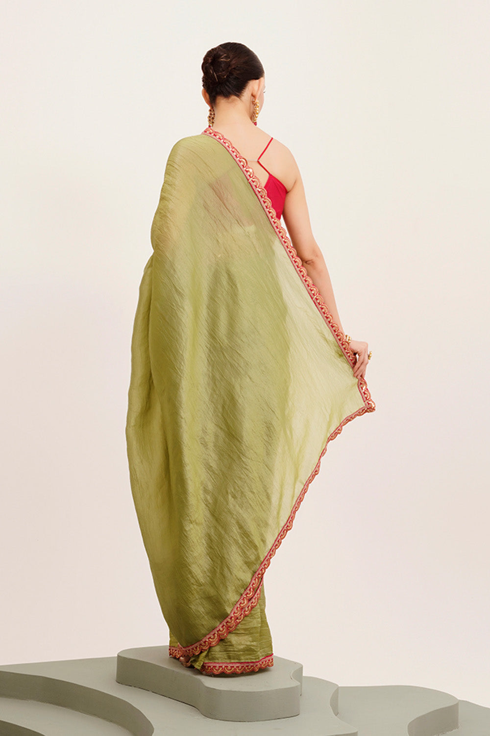 Green Sequinned Tissue Saree With Blouse