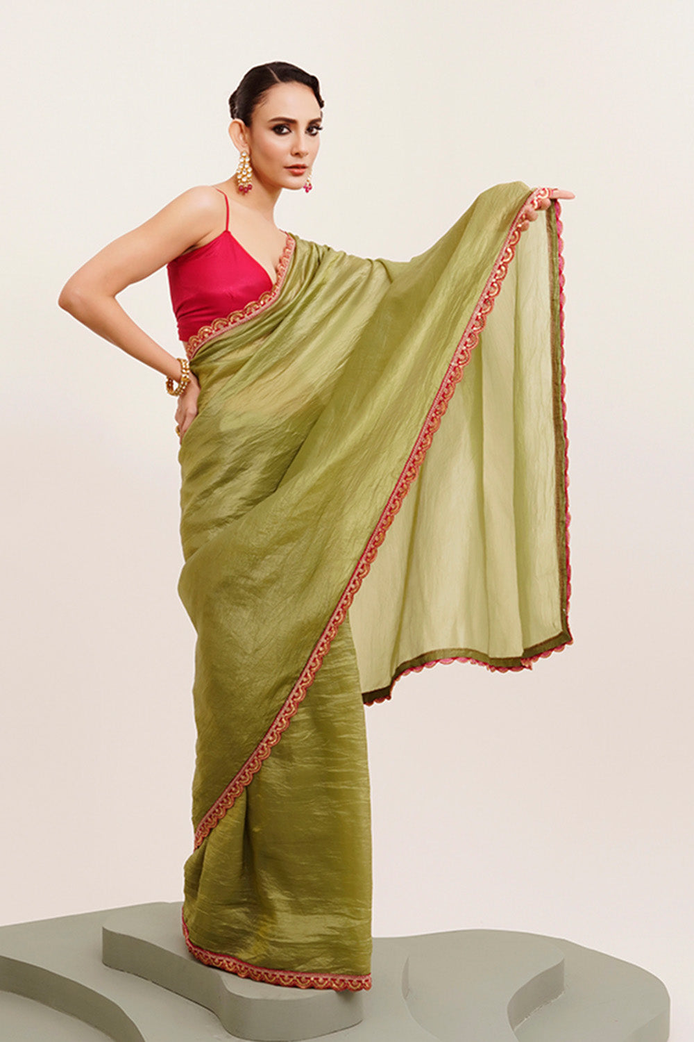 Green Sequinned Tissue Saree With Blouse