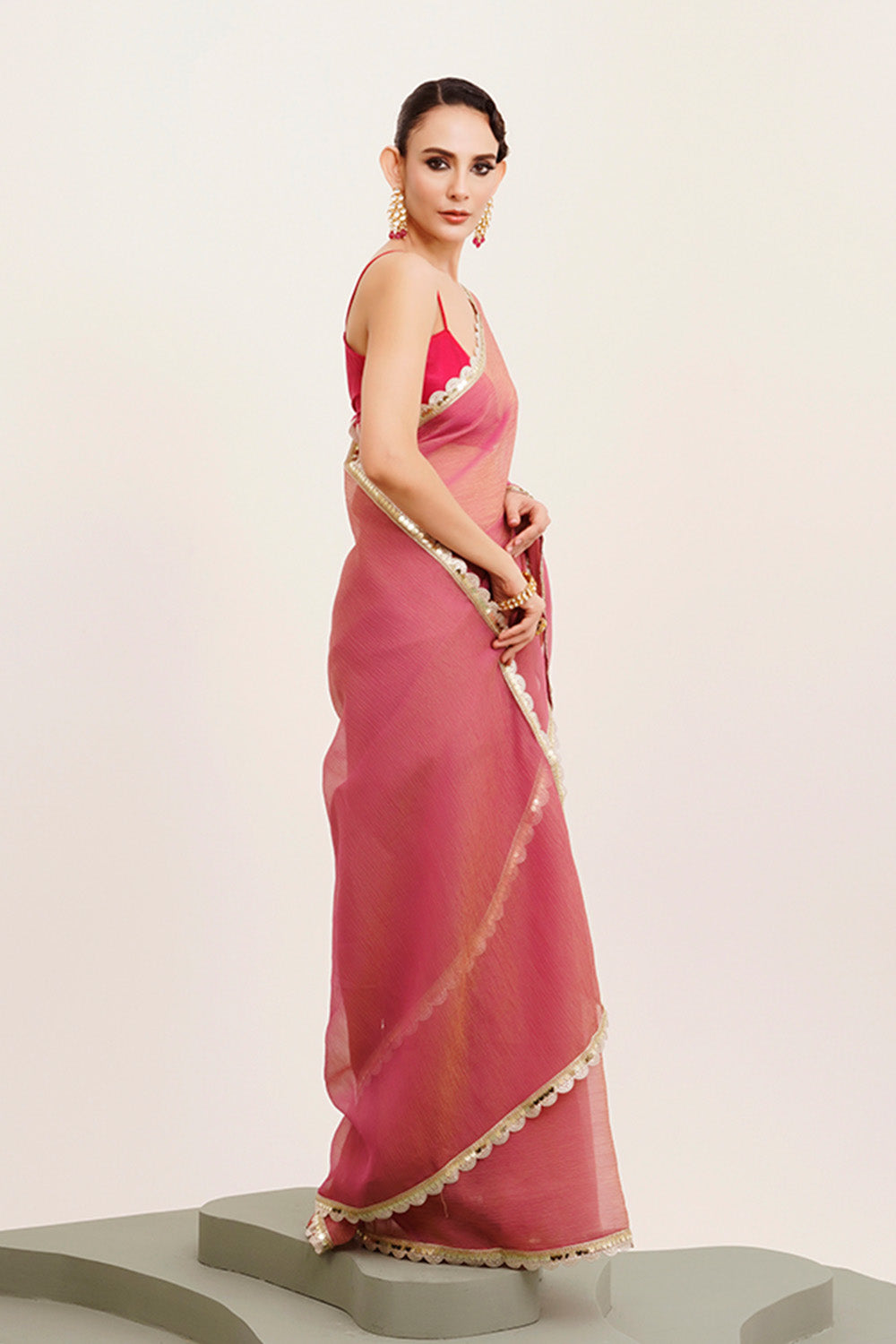 Pink Sequinned Tissue Saree With Blouse