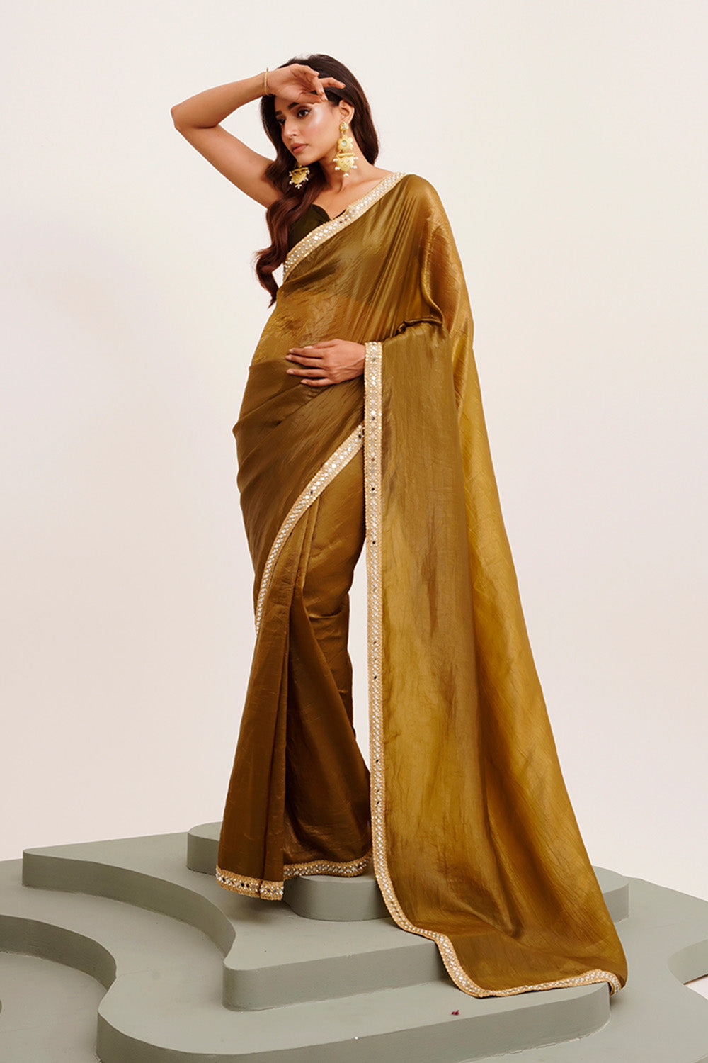 Mahendi Green Mirrorwork Tissue Saree With Blouse