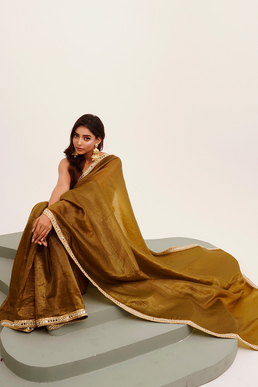 Mahendi Green Mirrorwork Tissue Saree With Blouse