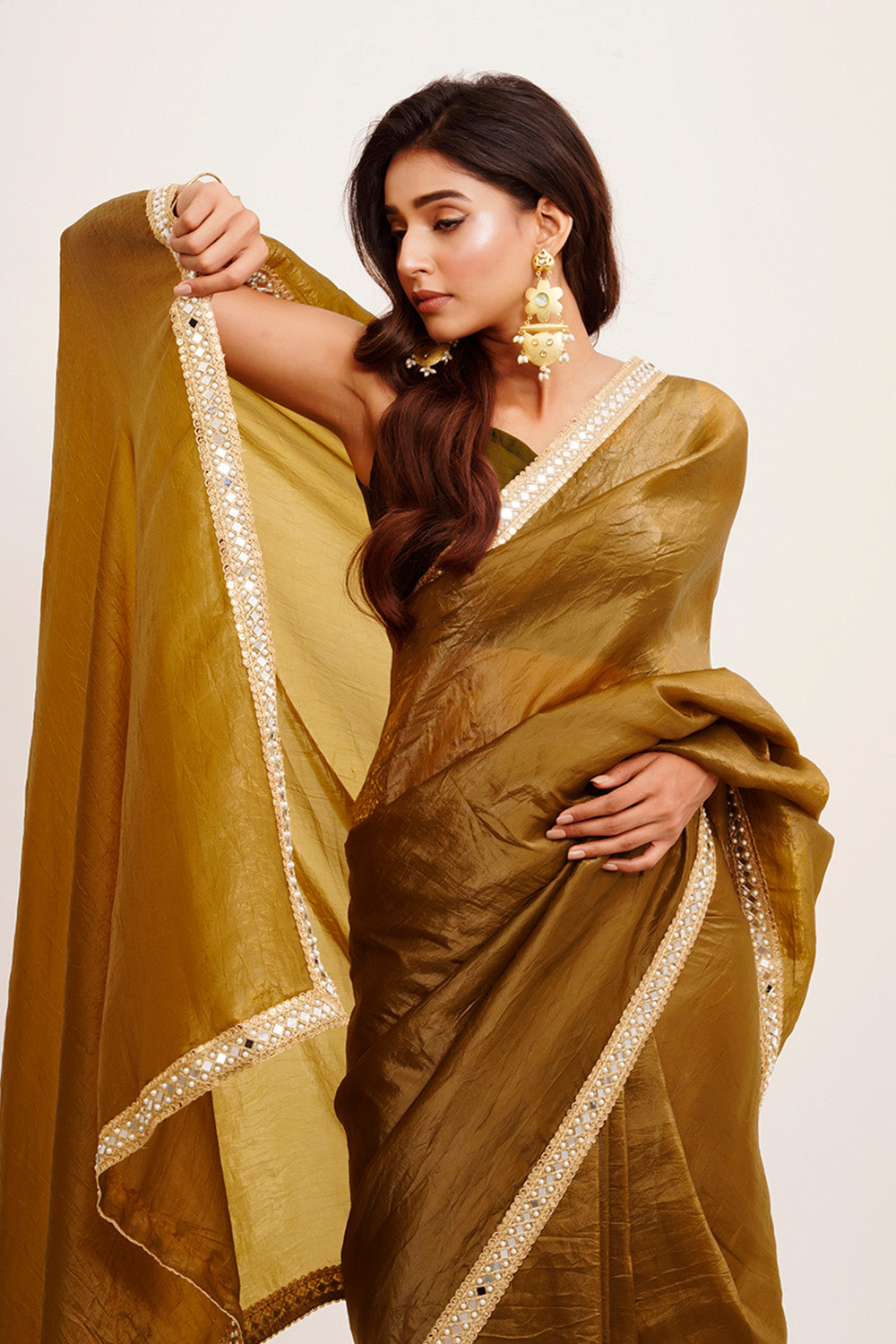 Mahendi Green Mirrorwork Tissue Saree With Blouse