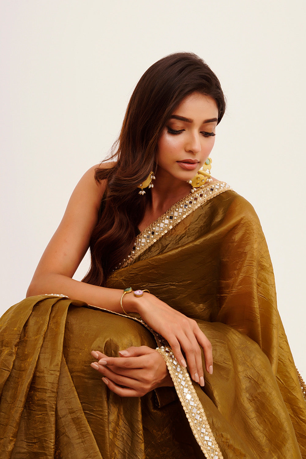 Mahendi Green Mirrorwork Tissue Saree With Blouse