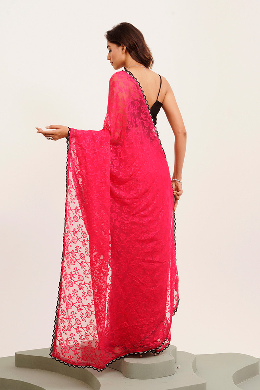 Pink Beads And Stones Saree With Blouse