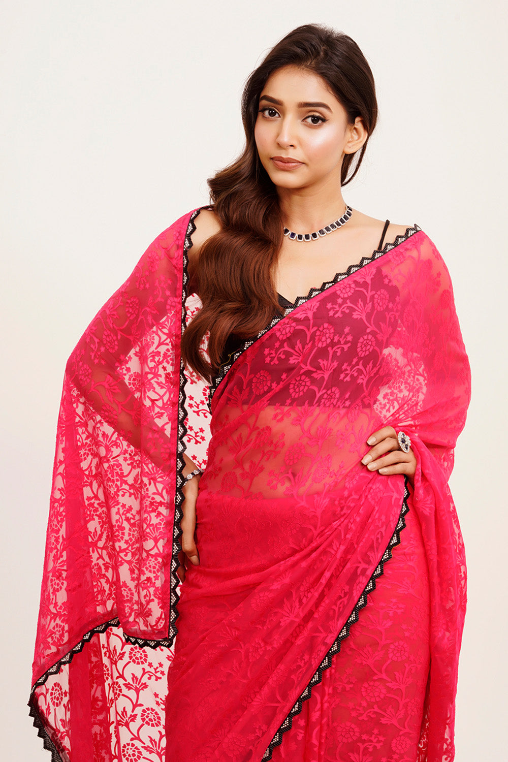 Pink Beads And Stones Saree With Blouse