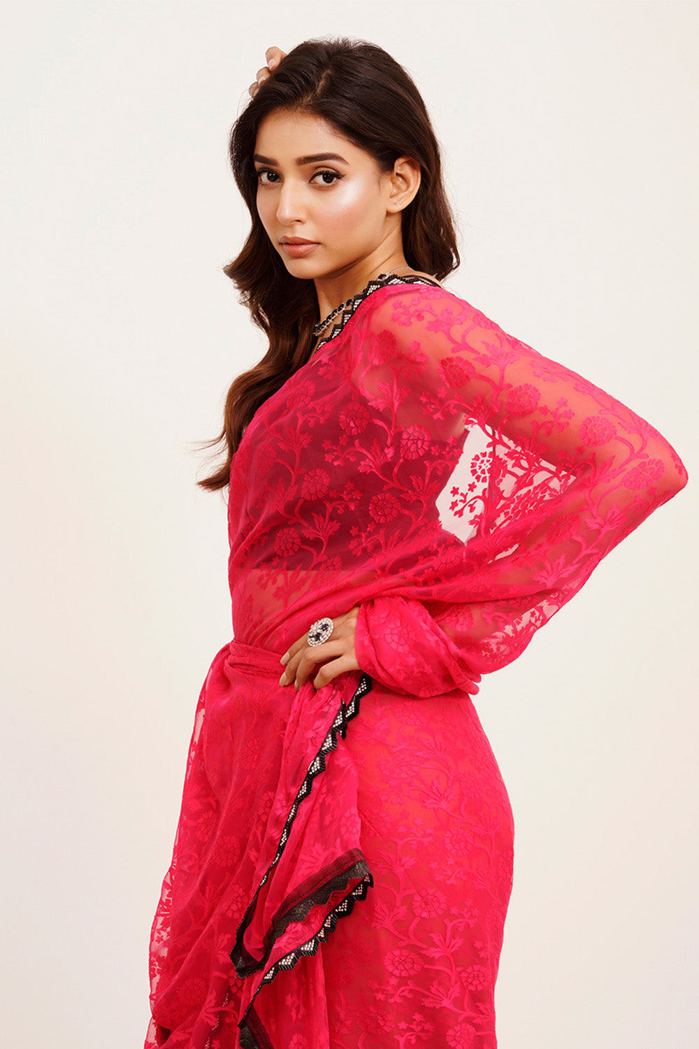 Pink Beads And Stones Saree With Blouse