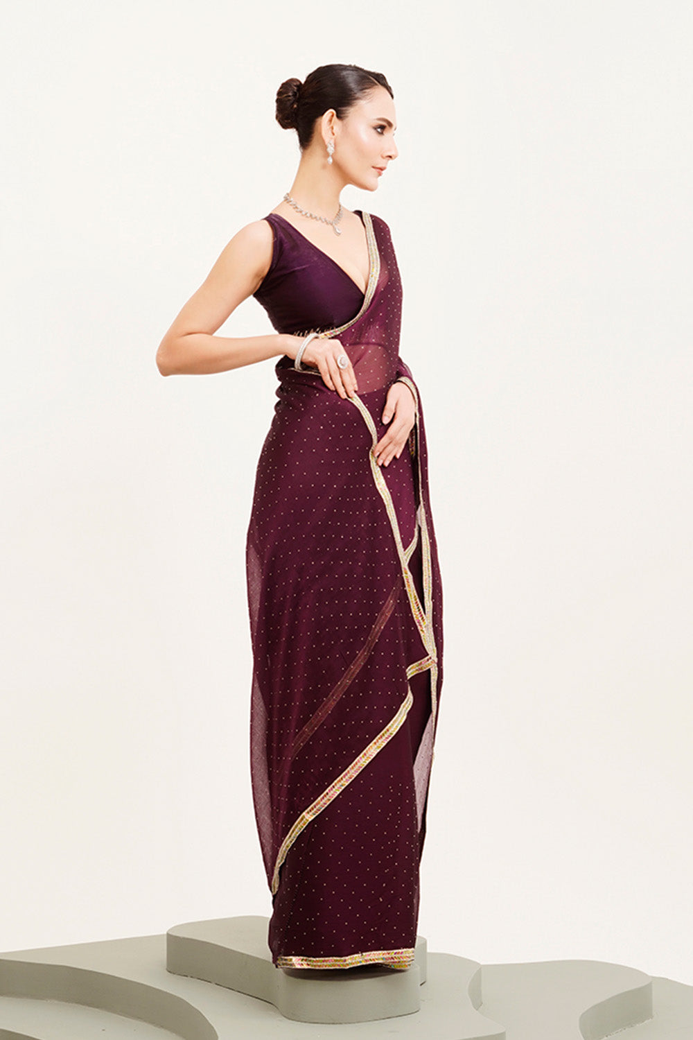Maroon Beads And Stones Chiffon Saree With Blouse