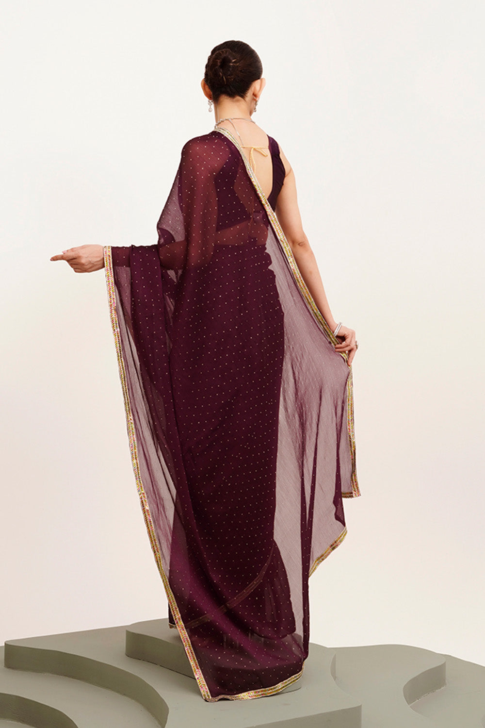 Maroon Beads And Stones Chiffon Saree With Blouse