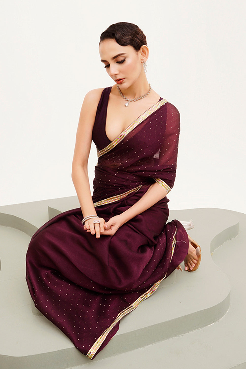 Maroon Beads And Stones Chiffon Saree With Blouse