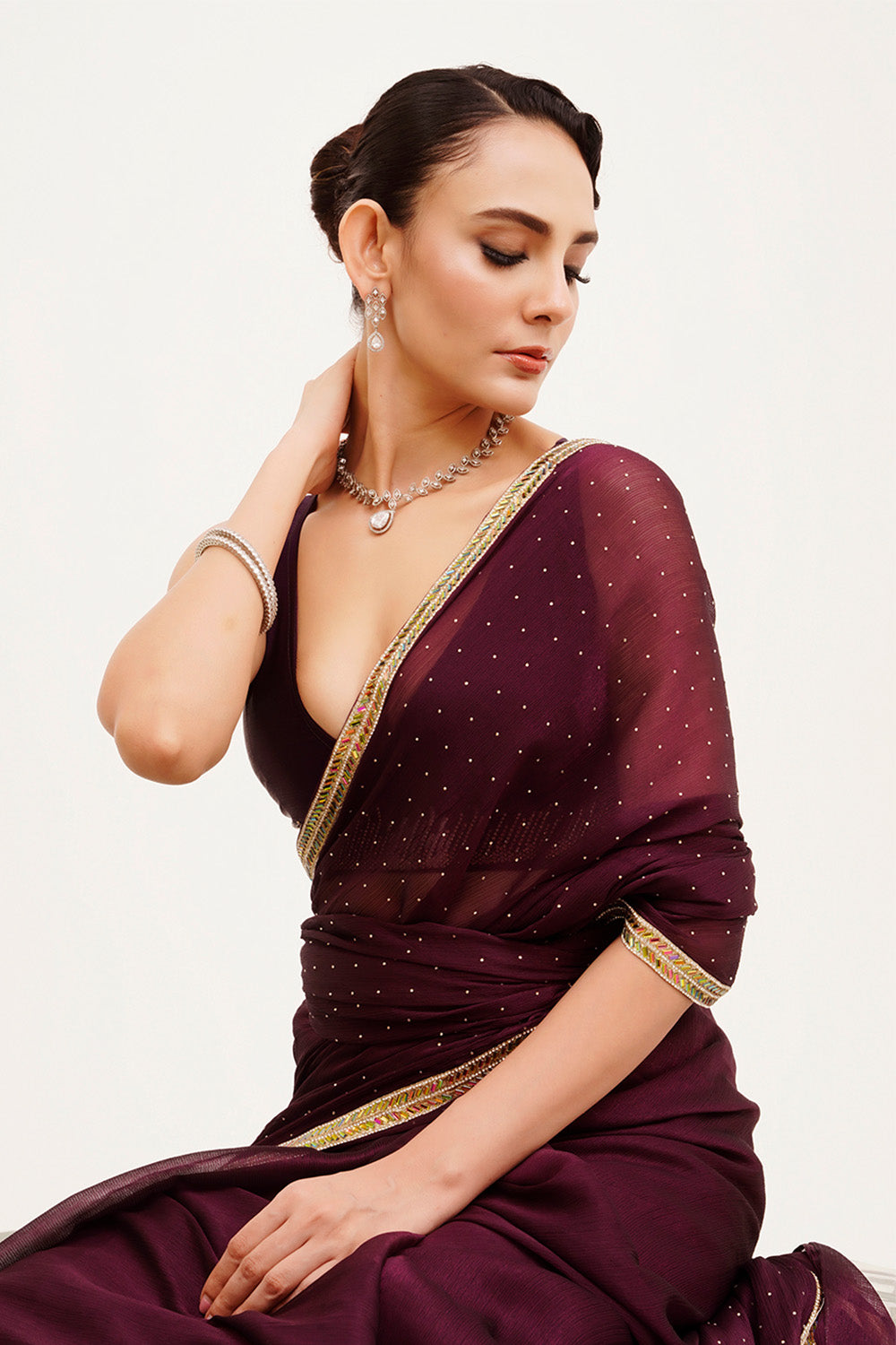 Maroon Beads And Stones Chiffon Saree With Blouse