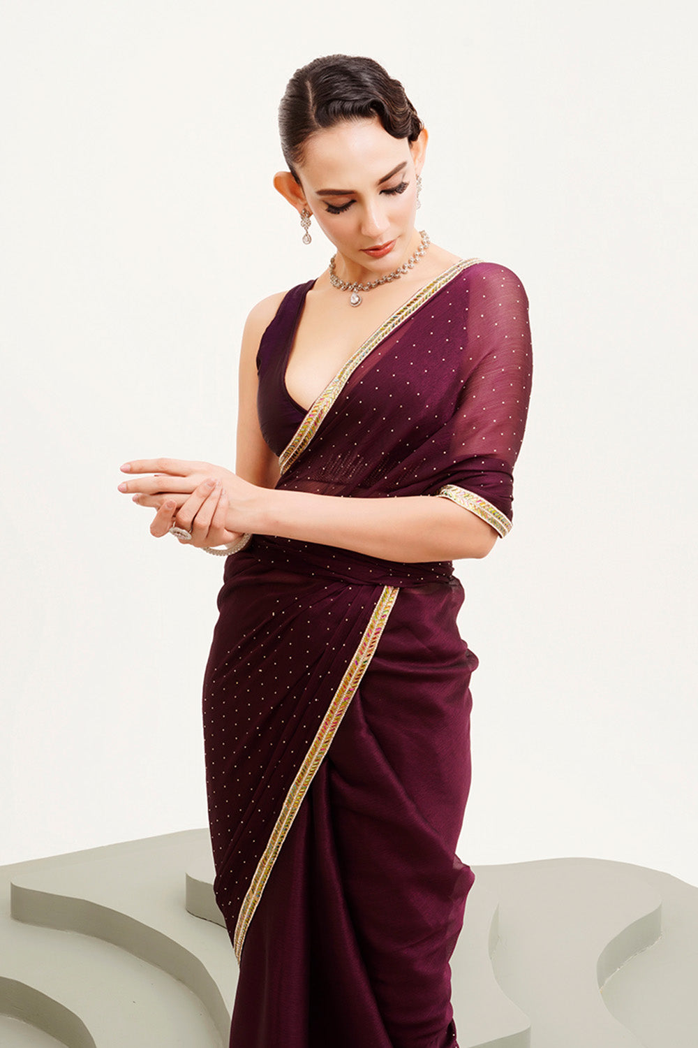 Maroon Beads And Stones Chiffon Saree With Blouse