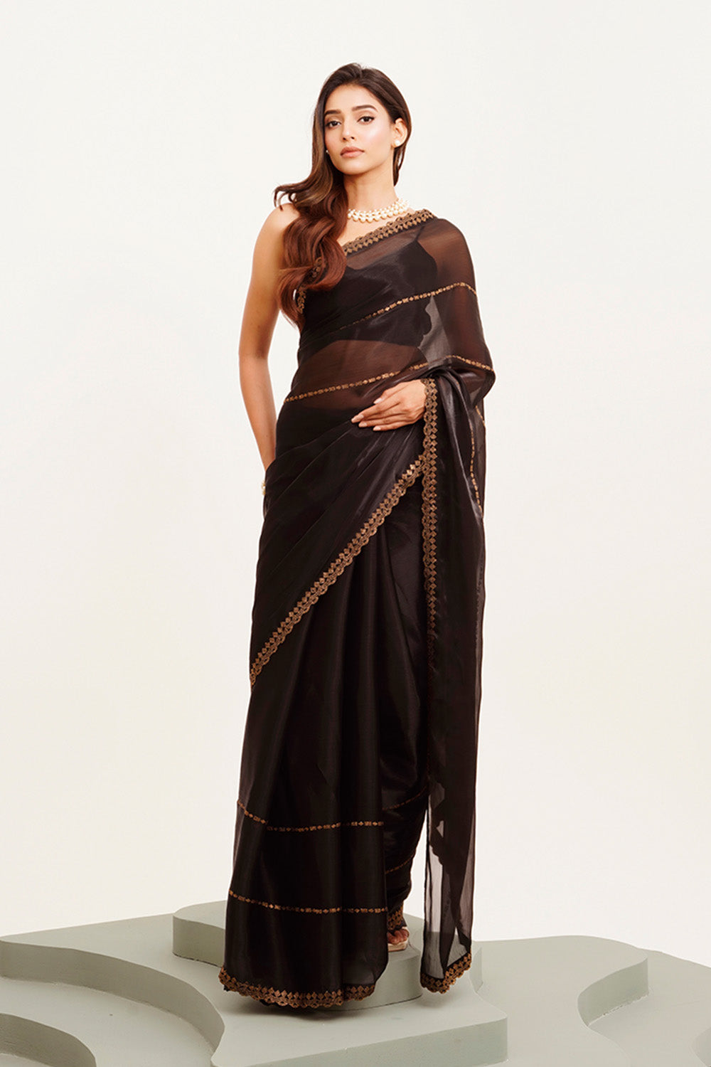 Black Beads And Stones Organza Saree With Blouse